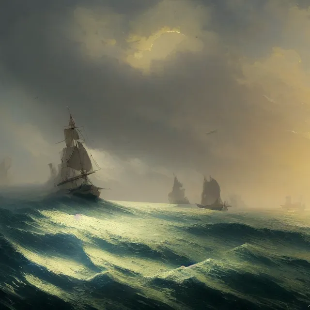 Image similar to a beautiful painting of the sea by ivan aivazovsky and sin jong hun and greg rutkowski and george varodi. in style of concept art. 4 k texture. ray tracing. sharp lines, hyper detailed. octane render. trending on artstation