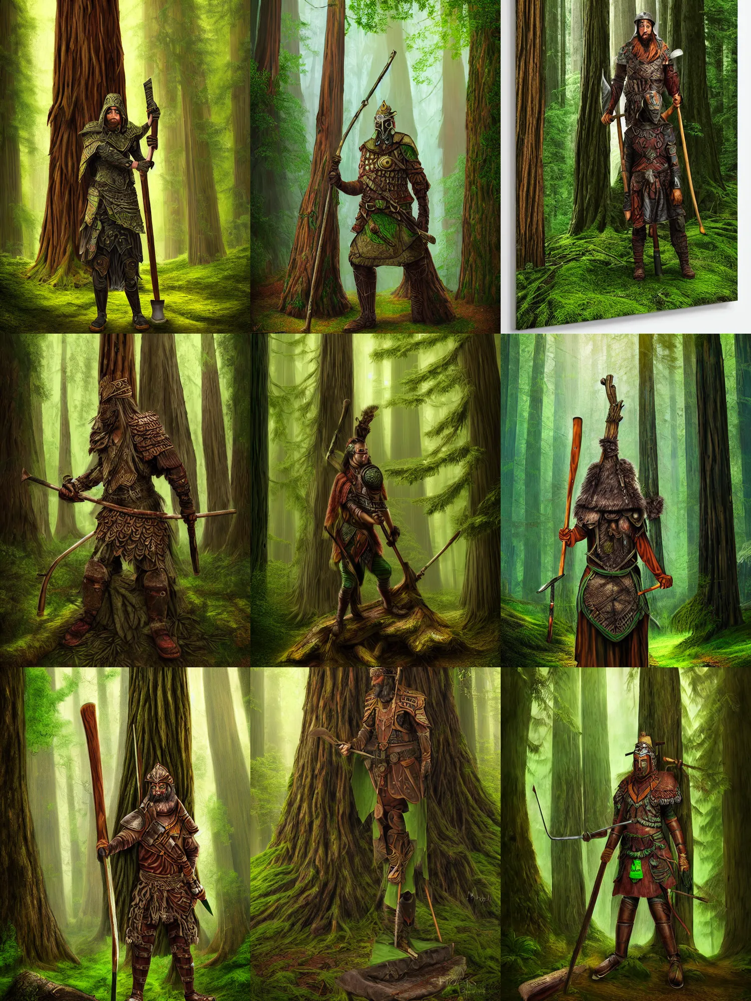 Prompt: full portrait of a warrior, tree bark armor, big wooden club, green cloak, in a redwood forest, solarpunk, highly detailed, matte painting, by midjourney