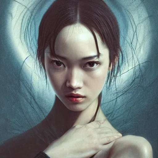 Prompt: Kiko Mizuhara, physically accurate, very dramatic dynamic lighting, intricate, very very elegant, highly detailed, digital painting, artstation, very hyperrealistic, very HR GIGER, very Bensinski, Hieronymus Bosch, Francis Bacon, concept art, smooth, sharp focus, illustration, art by artgerm and greg rutkowski and alphonse mucha