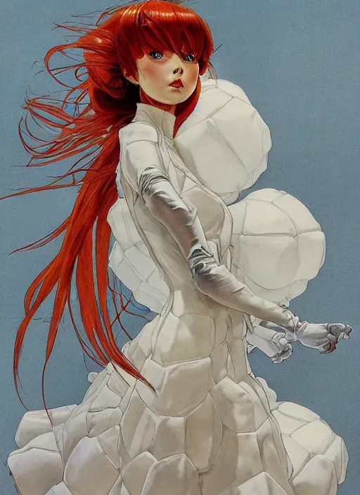 Image similar to a low angle copic maker art nouveau portrait of asuka langley detailed features wearing a puffy futuristic wedding dress designed by balenciaga by john berkey, norman rockwell akihiko yoshida