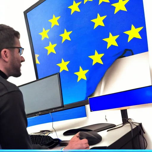 Image similar to european union eu hybrid influencer on blue shirt sitting on chair with eu flag on computer playing games on led keyboard and gaming mouse in style of American propaganda poster, eu flag, european union flag, dark and gloom, extremely detailed oil painting, open room, highly detailed, trending on artstation, concept art, sharp focus, illustration, art by artgerm and greg rutkowski and magali villeneuve