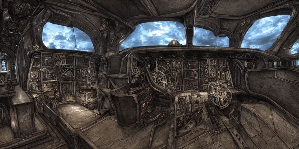 Prompt: interior, wide angle, cockpit of an fantasy gothic crusader altarship, photorealistic, hyperdetailed