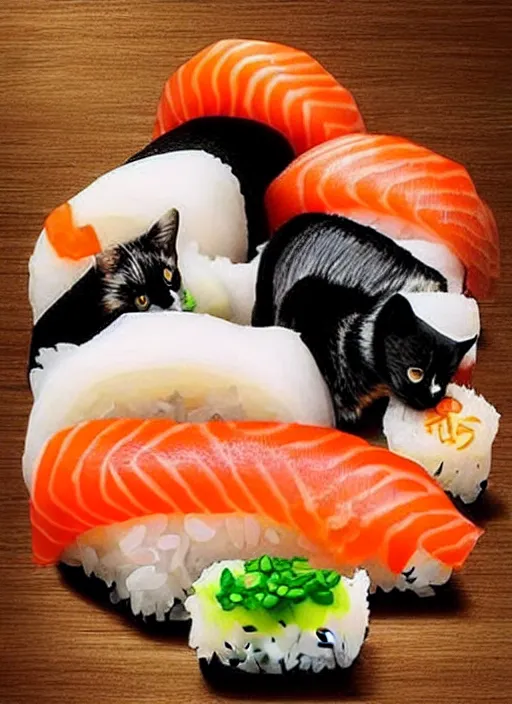 Image similar to clear photorealistic picture of adorable cats made out of sushi