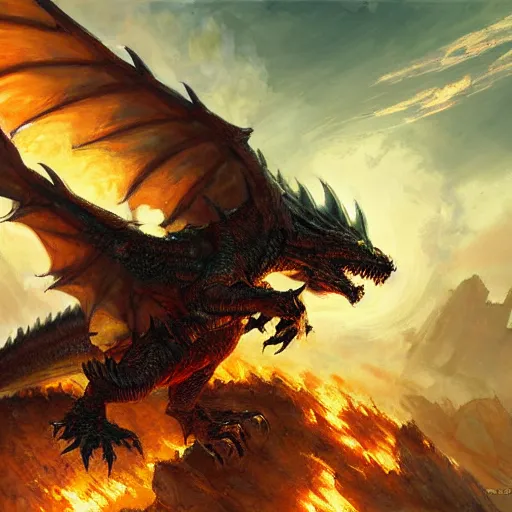 Prompt: oil painting of deathwing dragon flying down on earth by greg rutkowski