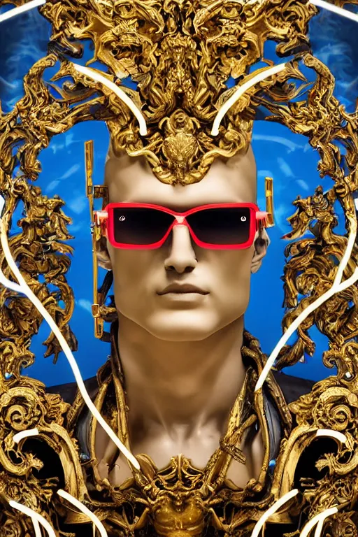 Image similar to full-body neon porcelain bladerunner and rococo style sculpture of a muscular handsome Cuban prince wearing cholo shades as a half android with a porcelain chest opening exposing circuitry and electric sparks, glowing laser beam eyes, crown of giant diamonds, flowing neon-colored silk, fabric, raptors. baroque elements. full-length view. baroque element. intricate artwork by caravaggio. many many birds birds on background. Trending on artstation, octane render, cinematic lighting from the right, hyper realism, octane render, 8k, depth of field, 3D