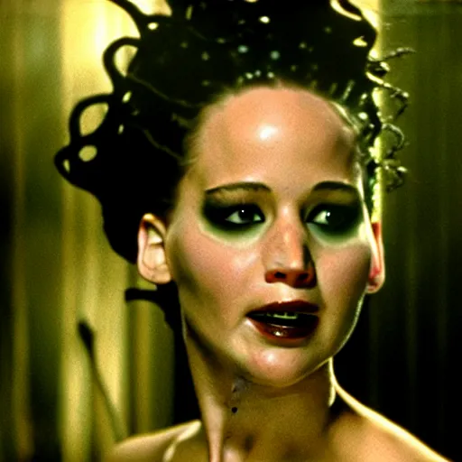 Image similar to jennifer lawrence as the bride of frankenstein, color photography, sharp detail, wicked smile, still from the movie van helsing