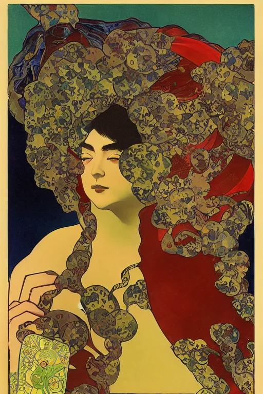 Image similar to The lonely stoner seems to free his mind at night, by Tadanori Yokoo, Alphonse Mucha, Hannah Hoch