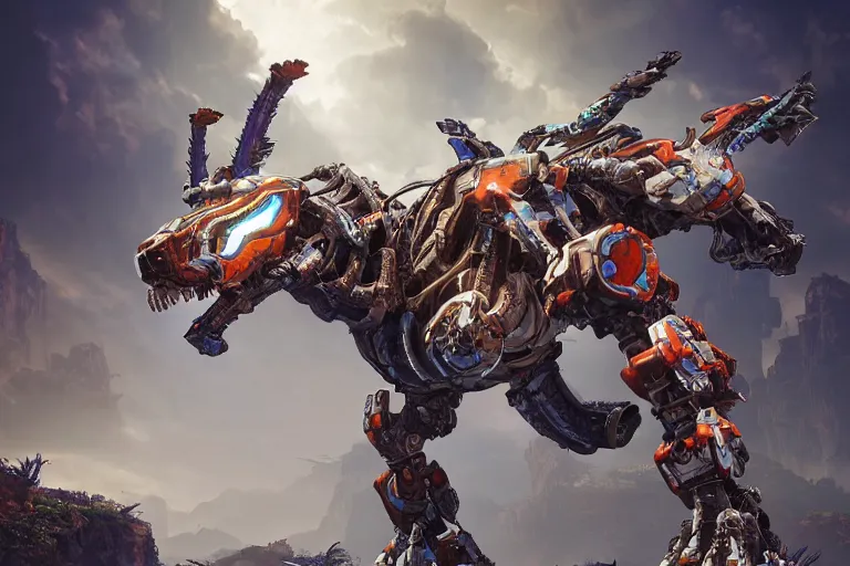 Image similar to thunderjaw machine mecha animal beast robot of horizon forbidden west horizon zero dawn bioluminiscence global illumination ray tracing hdr fanart arstation by sung choi and eric pfeiffer and gabriel garza and casper konefal