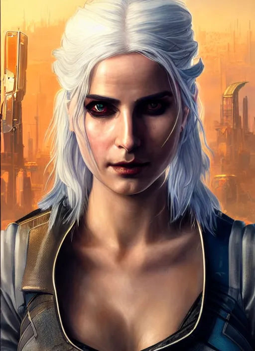 Image similar to portrait of Ciri wearing a sci-fi outfit from the Witcher as a character in Cyberpunk 2077, looking at camera, intricate, elegant, sci-fi, extremely detailed, digital painting, artstation, concept art, smooth, sharp focus, illustration, ambient lighting, incredible art by artgerm and greg rutkowski and alphonse mucha and simon stalenhag