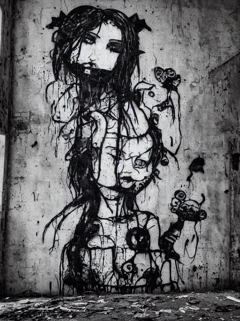 Image similar to graffiti in an abandoned overgrown warehouse, cute fumo plush gothic black enigmatic maiden girl painted in spilt ink and washed watercolor lurching out of the portrait in 3 d, avant garde pop art, filmic, captured on canon eos r 6