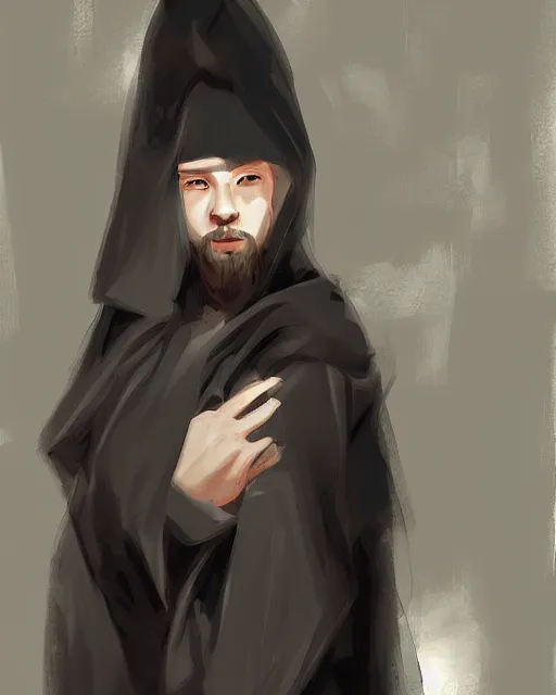 Image similar to digital art portrait of a young man in dark robes, hooded, made by WLOP, WLOP