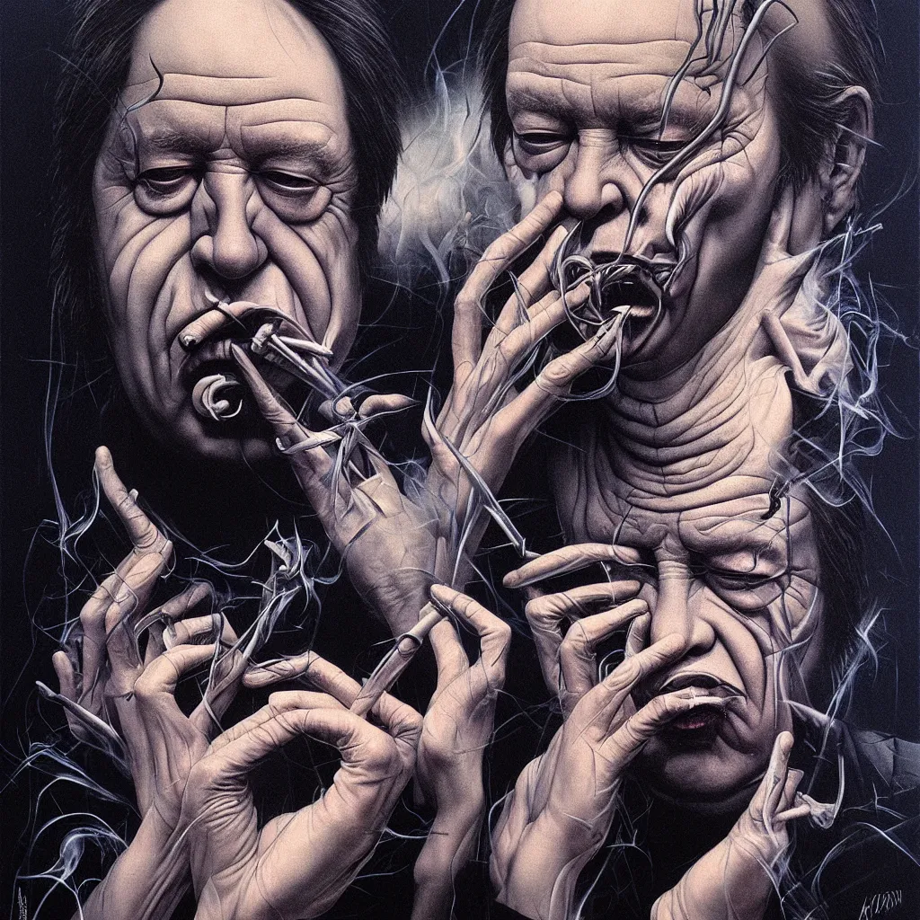 Prompt: portrait of bill hicks smoking in the style of hans giger, alex grey, lynchian atmosphere, film noir, concept art, art by kuvshinov ilya and zdislav beksinski and wayne barlowe