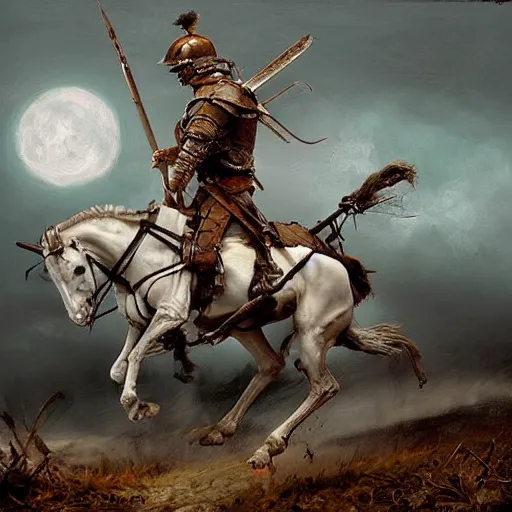 Image similar to a haunting Digital art of a tired spartan soldier riding a skeleton horse on the battlefield in the style of an oil painting, acrylic, bleak, moonlight, detailed, dark, ominous, threatening, haunting, forbidding, gloomy,stormy, doom, apocalyptic,sinister, shadowy, ghostly,unnerving, harrowing, dreadful ,frightful, shocking, terror, hideous, ghastly, terrifying