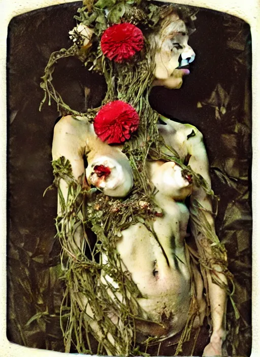 Image similar to beautiful and detailed rotten woman made of plants and many types of stylized flowers like carnation, chrysanthemum, roses and tulips, greek ornamentation, intricate, surreal, john constable, guy denning, gustave courbet, caravaggio, romero ressendi 1 9 1 0 polaroid photo