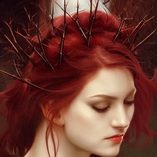 Image similar to portrait of beautiful vampire, rose thorn crown, thorns everywhere, headshot, pale skin, 4k, rule of thirds, extreme detail, detailed drawing, trending artstation, hd, fantasy, D&D, realistic lighting, by Alphonse Mucha, Greg Rutkowski, sharp focus, backlit, bright red hair, extremely detailed eyes, relistic