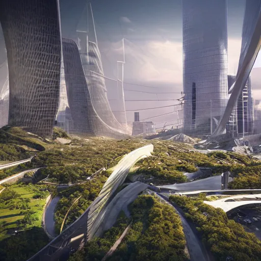 Image similar to hyper-realistic, large futuristic high tech city hidden underneath, tall buildings connected with bridges, luxuriant vegetation, flying cars, photoreal, dramatic sunlight highlights, in valley, amongst high mountains volumetric lighting, intricate details, octane render, cinematic, realism, high detail,unreal engine, vfx,