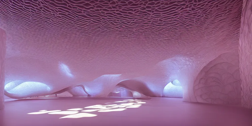 Image similar to extremely detailed awe stunning beautiful futuristic smooth curvilinear museum interior, translucent gills, hyper real, 8k, 3D cinematic volumetric light, atmospheric light