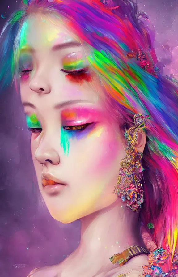 Prompt: an concept art of the korean queen, rainbow hair, makeup, intricate details, detailed face, detailed dress, artstation, epic pose, colourful light, by rembrandt