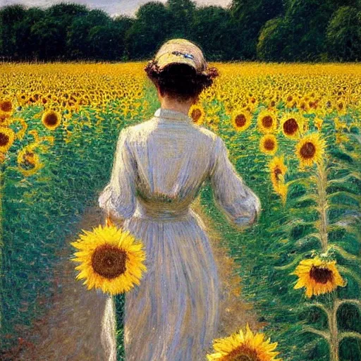 Image similar to a girl slowly walking through amazing tall sunflower field, her hair flowing down, subtle, intricate details, real masterpiece, impressionist painting, by gustave caillebotte