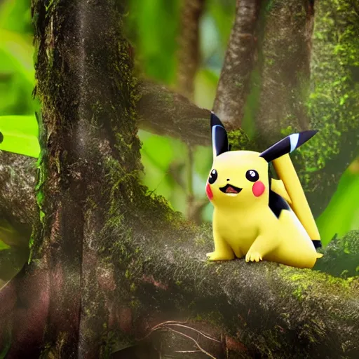 Image similar to pikachu in real life, creature, animal in the rainforest, wildlife photography, ultrarealistic, national geographic, cinematic lightning