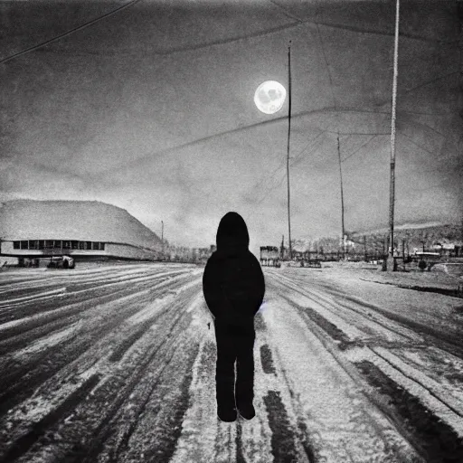 Prompt: moonwalker photo, city street on the moon, a detailed image of a future norilsk base, moon landscape, streetphoto, polaroid