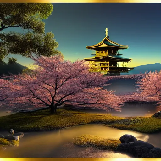 Image similar to landscape japanese house, japanese temple, cherry blossom samurai scene jurgens digital art, golden ratio, art canvas, award winning, masterpiece artstation 8 k 1 5 0 mpx