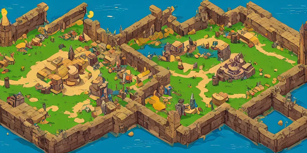 Image similar to A high detailed isometric vector art presenting an aerial view of a RPG room by dofus, Bastion, Transistor, pyre, hades, Patreon content, containing tables and walls, HD, straight lines, vector, grid, dnd map, map patreon, fantasy maps, foundry vtt, fantasy grounds, aerial view ,dungeondraft , tabletop, inkarnate, dugeondraft, roll20