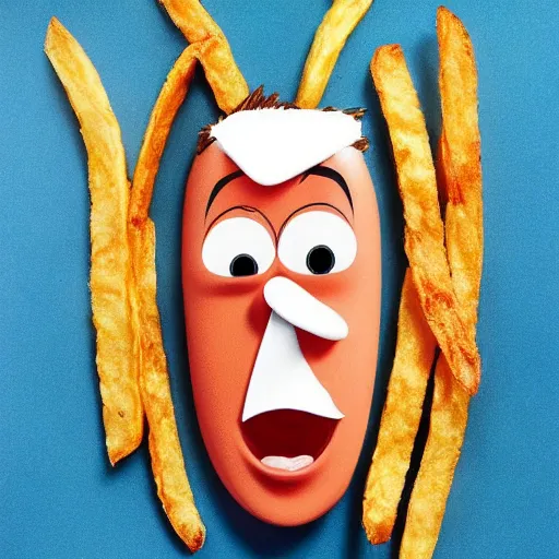 Image similar to [ a french fry chip ] shaped like stephen fry as a pixar character hybrid intercross mix