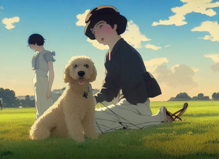 Image similar to france 1 9 2 0's, young adult playing with a goldendoodle dog on a green meadow, golden hour, finely detailed perfect art, gapmoe yandere grimdark, trending on pixiv fanbox, painted by greg rutkowski makoto shinkai takashi takeuchi studio ghibli