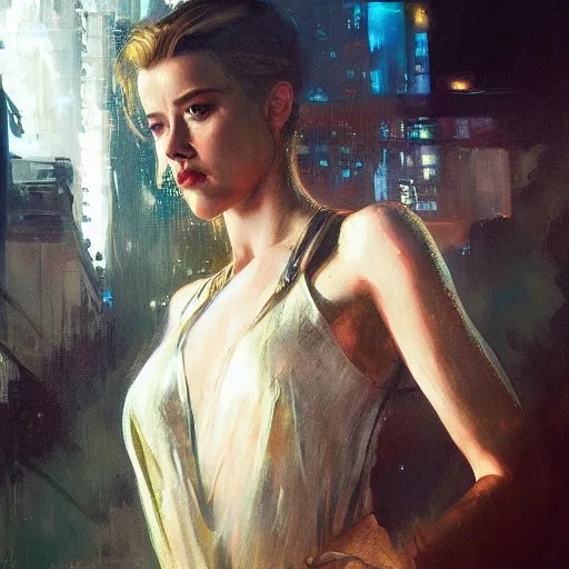 Image similar to hyperrealistic portrait of a woman as amber heard on a bladerunner street the art of elysium by jeremy mann and alphonse mucha, fantasy art, photo realistic, dynamic lighting, artstation, poster, volumetric lighting, very detailed faces, 4 k, award winning