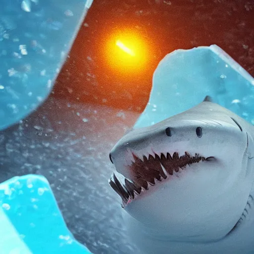 Prompt: shark inside peace of ice in the ocean cinematic detailed