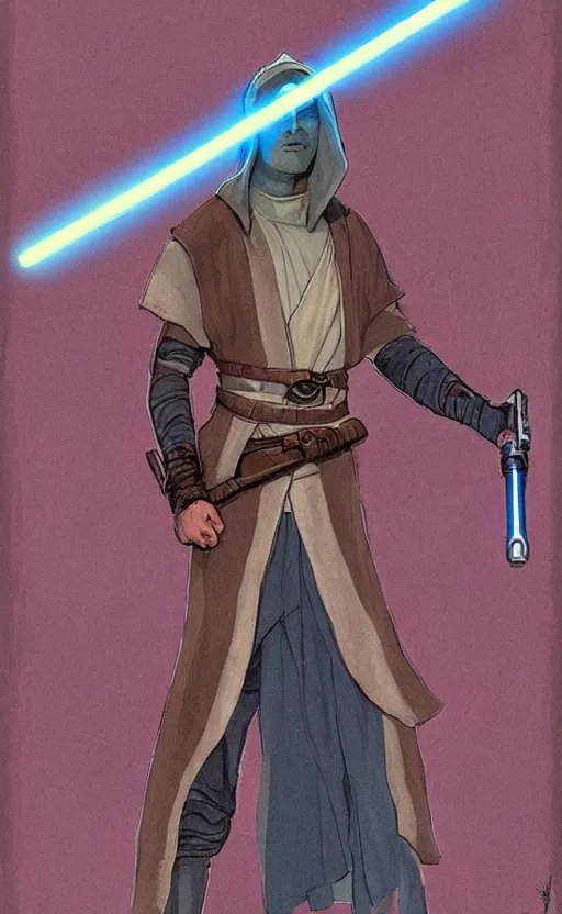 Prompt: a bittersweet depiction of the character as a jedi, with a characteristic item of clothing, using a medieval european style lightsaber, featuring a limited color palette by doug chiang