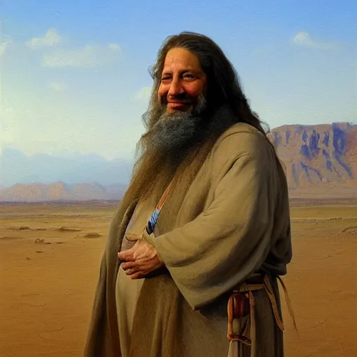 Image similar to Richard Stallman in the desert, in the style of Christ in the Wilderness by Ivan Kramskoi, painting, trending on arstation