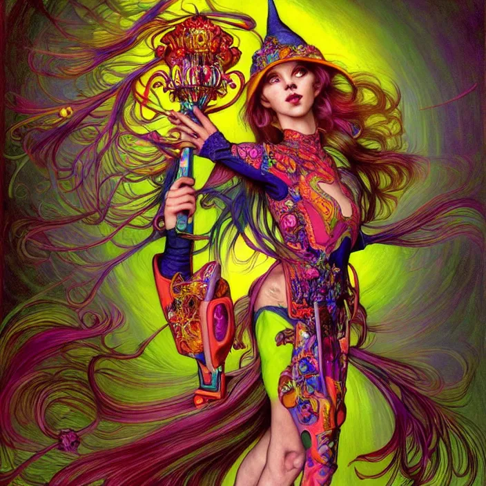 Image similar to bright psychedelic photo of a witch riding a skateboard in a supermarket, diffuse lighting, fantasy, intricate, elegant, highly detailed, lifelike, photorealistic, digital painting, artstation, illustration, concept art, smooth, sharp focus, art by John Collier and Albert Aublet and Krenz Cushart and Artem Demura and Alphonse Mucha