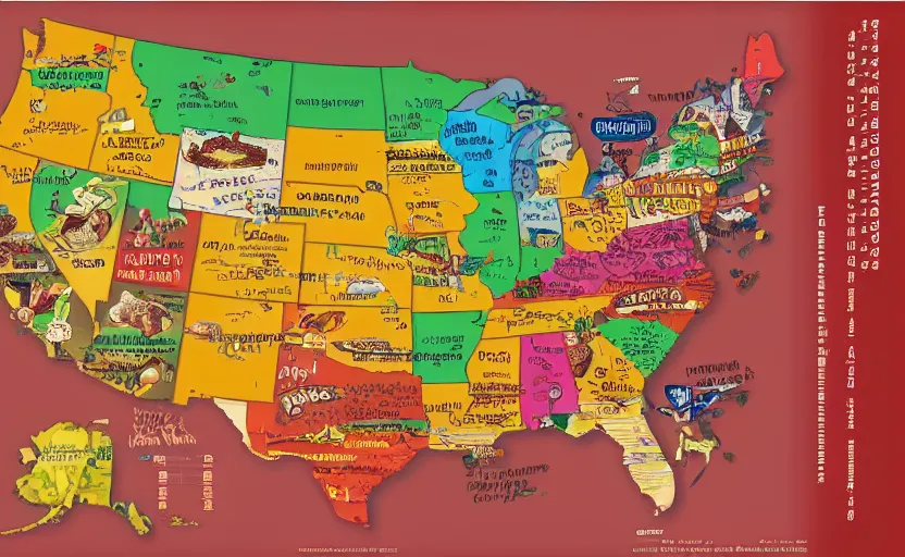 Image similar to hot dogs across america map, detailed, map key, tourist map, brochure