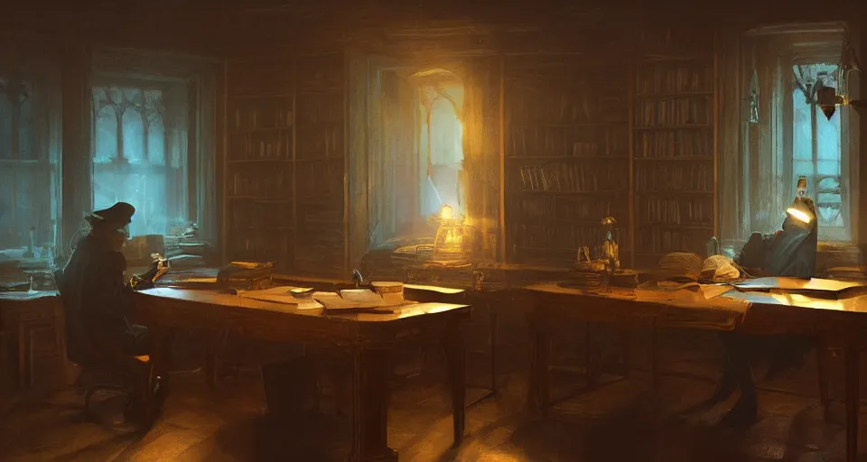 Prompt: work table in a dark night victorian study room with bookshelves, papers and souvenirs, blue lighting, glowing lights, 4k, octane, digital painting, artstation, concept art, sharp focus, illustration, art by artgerm and greg rutkowski and alphonse mucha