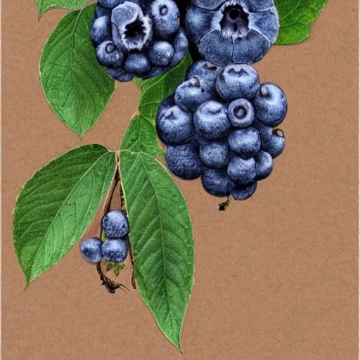 Image similar to botanical drawing of blueberry bush. Traditional art. Rustic. Nordic. Trending on artstation. Detailed. Shrub. Nature. Artistic.