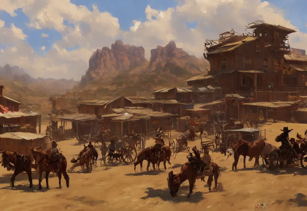 Prompt: greg manchess painting of a wild west town landscape with no person nor horse in the painting only buildings in the year 1 8 5 0, on a rainy day, painting, trending on artstation, by huang guangjian and gil elvgren and sachin teng