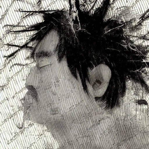 Image similar to Yoshitaka Amano blurred and dreamy illustration of a man with black short hair fluttering in the wind and cracks on his face, abstract black and white patterns on the background, noisy film grain effect, highly detailed, Renaissance oil painting, weird portrait angle