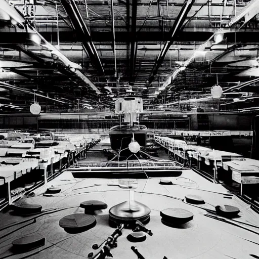 Prompt: scientists studying a simplistic oval shape spacecraft in a warehouse, 1 9 6 0's sci - fi, black and white, 8 k, highly ornate intricate details, extreme detail,