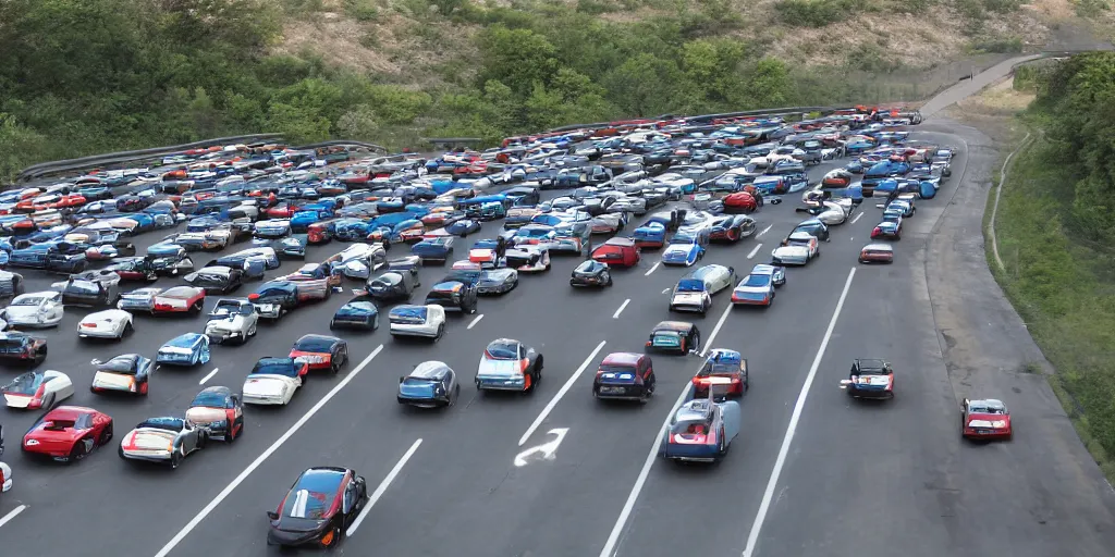 Image similar to an infinite convoy line of cars , extreme wide shot, infinite regression