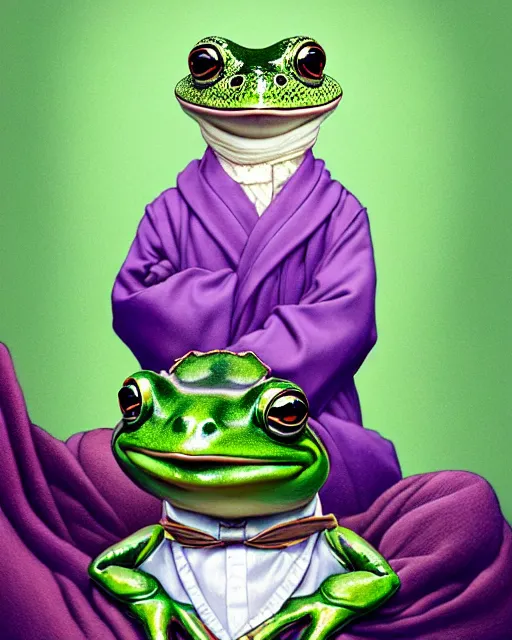 Image similar to anthropomorphic art of an elegant green frog, with wine, in a lilac dressing gown by artgerm, victo ngai, ryohei hase, artstation, highly detailed digital painting, smooth, global illumination, fantasy art by greg rutkowsky, karl spitzweg, leyendecker