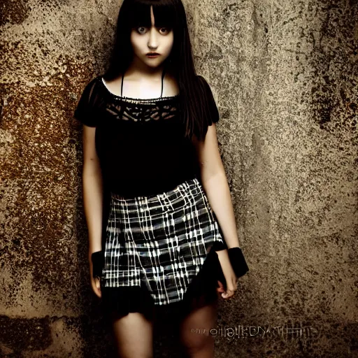 Image similar to gothic teen girl in plaid mini skirt and crop top, beautiful face, intricate, extremely detailed, modeling photography, 8 0 mm camera, dramatic lighting, dark room