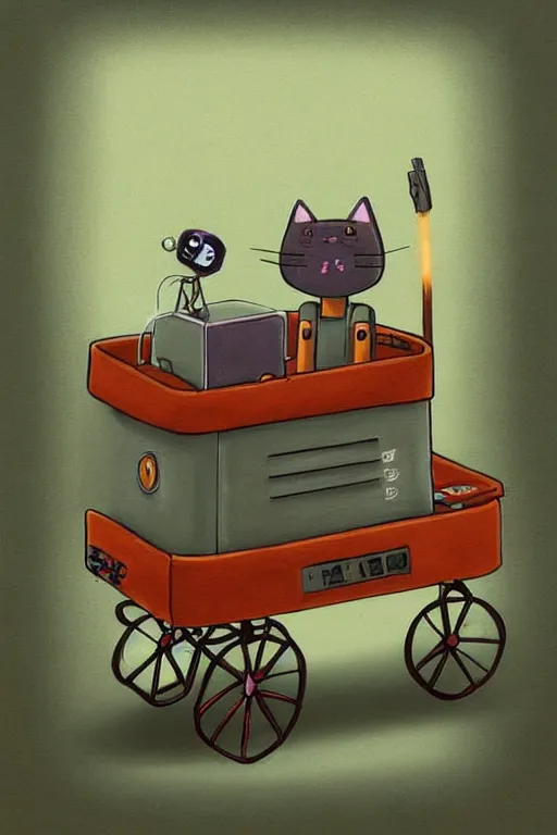 Image similar to ( ( ( ( ( ( ( a robot cat riding a cyber wagon ) ) ) ) ) ) ) by chris mcgrath!!!!!!!!!!!!!! muted colors, detailed