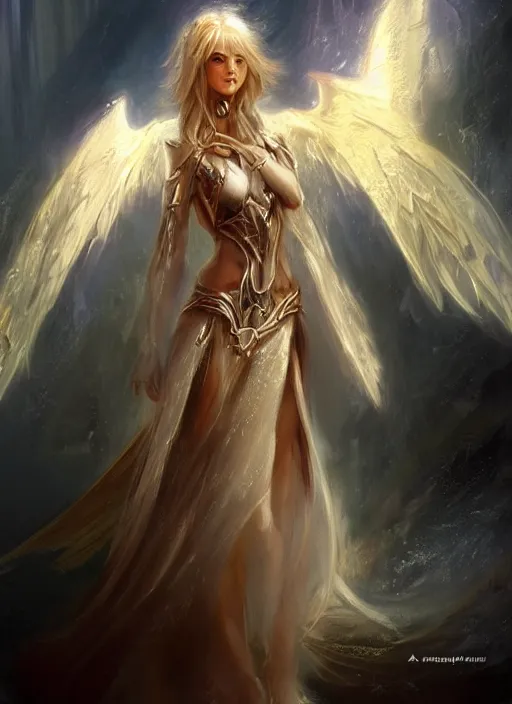 Image similar to concept art, angel knight girl. by artstation trending, by joseph mallord william turner, luis royo, konstantin razumov, cinematic lighting, fractal flame, highly detailed