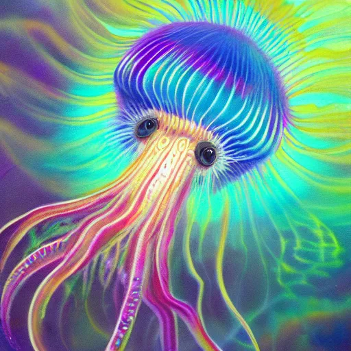 Image similar to furry jellyfish creature in magical realism luminescent airbrush underwater mystical world detailed painting 4 k