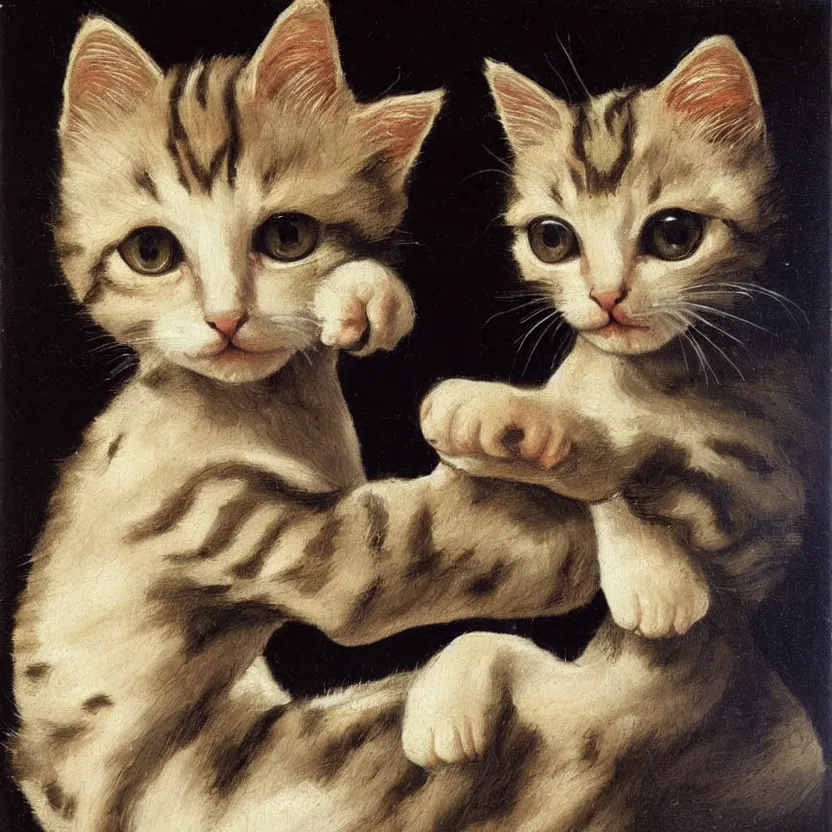 Prompt: studio portrait of an extremely cute kitten; extremely detailed; oil painting by Michelangelo Merisi da Caravaggio