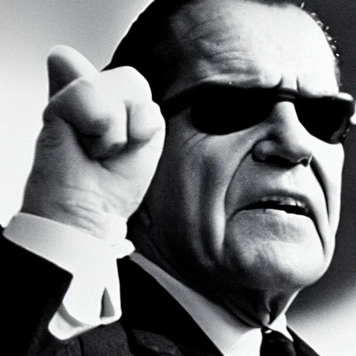 Prompt: A still of Richard Nixon in The Matrix