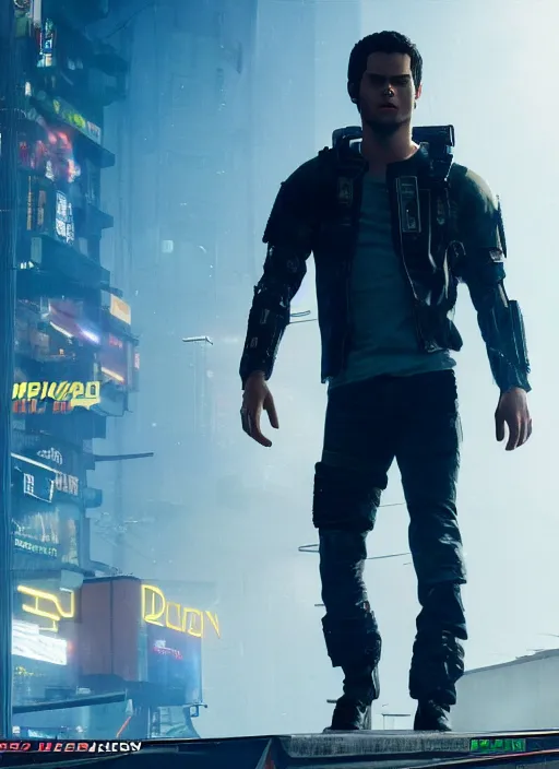 Image similar to film still of Dylan O'Brien as Kerry Eurodyne in Cyberpunk 2077, gameplay, 8k, HD