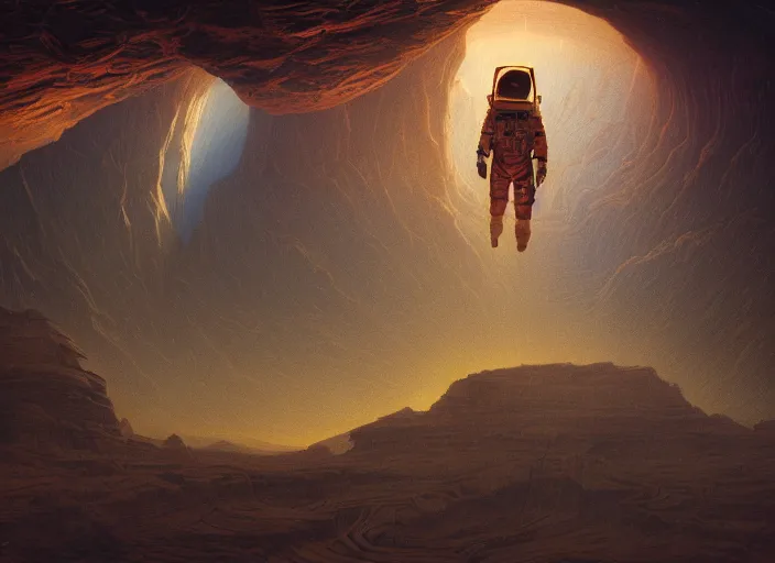 Prompt: a cosmonaut surrounded by a martian canyon, by jean delville and sophie anderson and mandy jurgens and ralph mac quarrie, retrofuturism, moody atmosphere, cinematic atmospheric, cinematic lighting, golden ratio, perfect composition, elegant, no crop, extremely detailed, 4 k, hd, sharp focus, masterpiece, trending on artstation